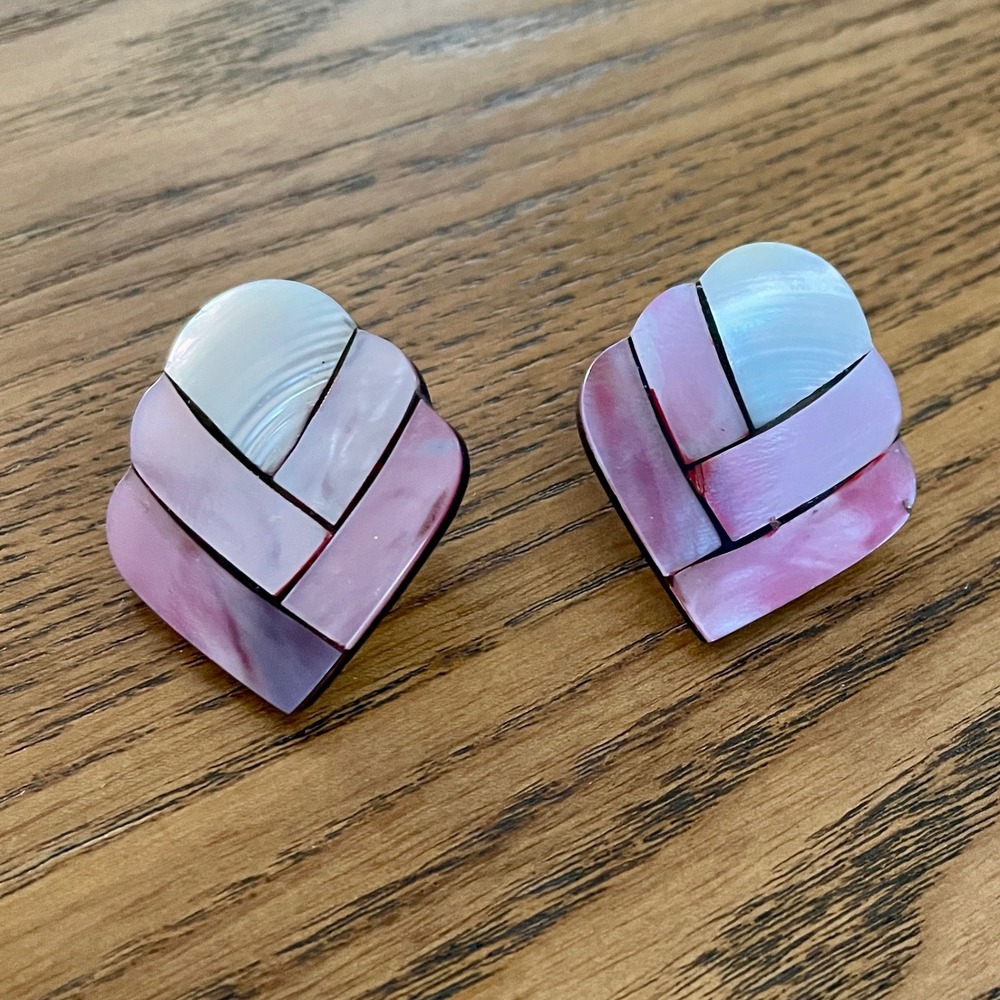 Vintage Iridescent Shell Mosaic Earrings Pink Lavender Basket Weave Statement